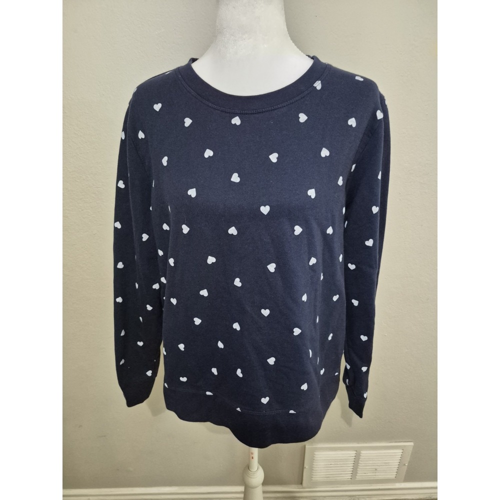 J. Crew Women's Heart Print Pullover Sweatshirt Sz Large Blue White Preppy Cozy